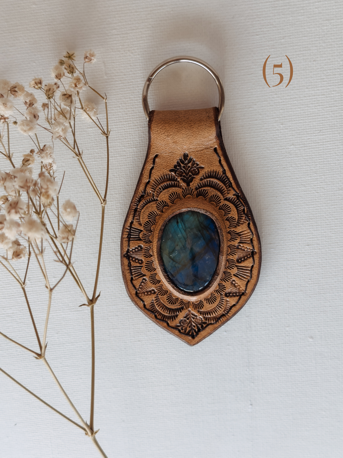 Leather Keychain with Gemstone inlay