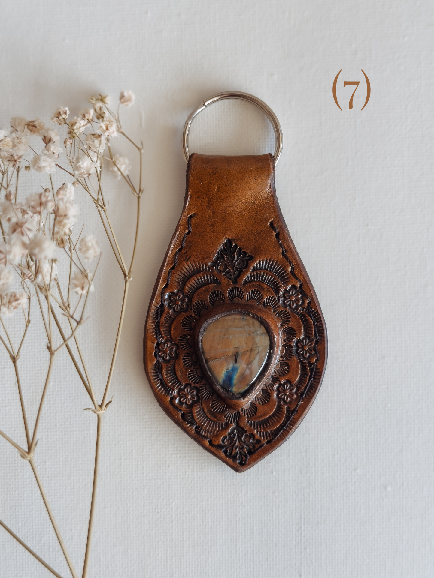 Leather Keychain with Gemstone inlay
