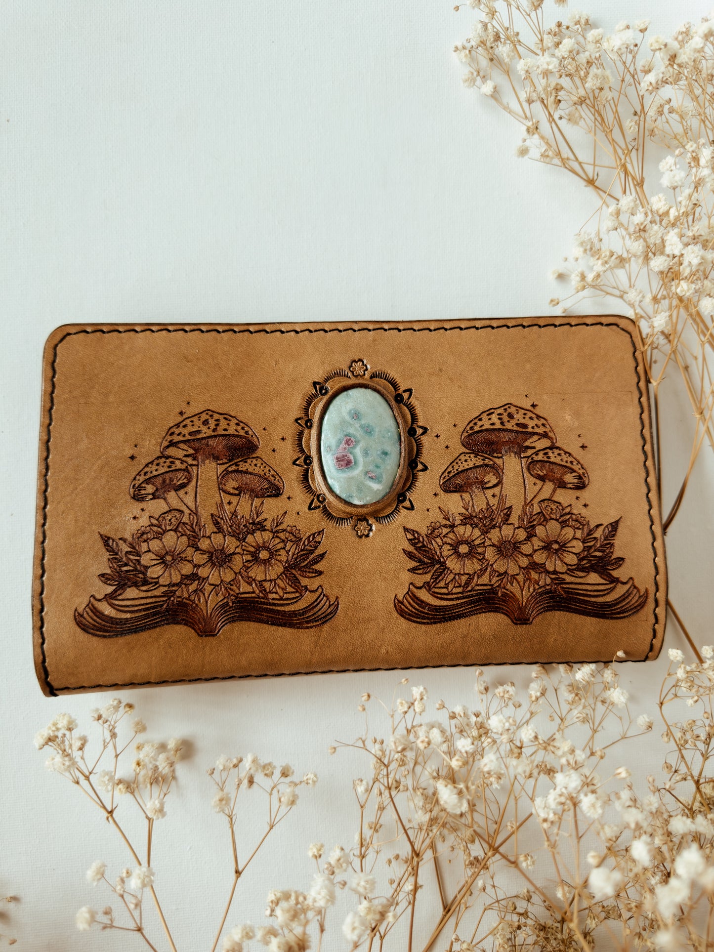 Floral mushroom book leather wallet with Turquoise