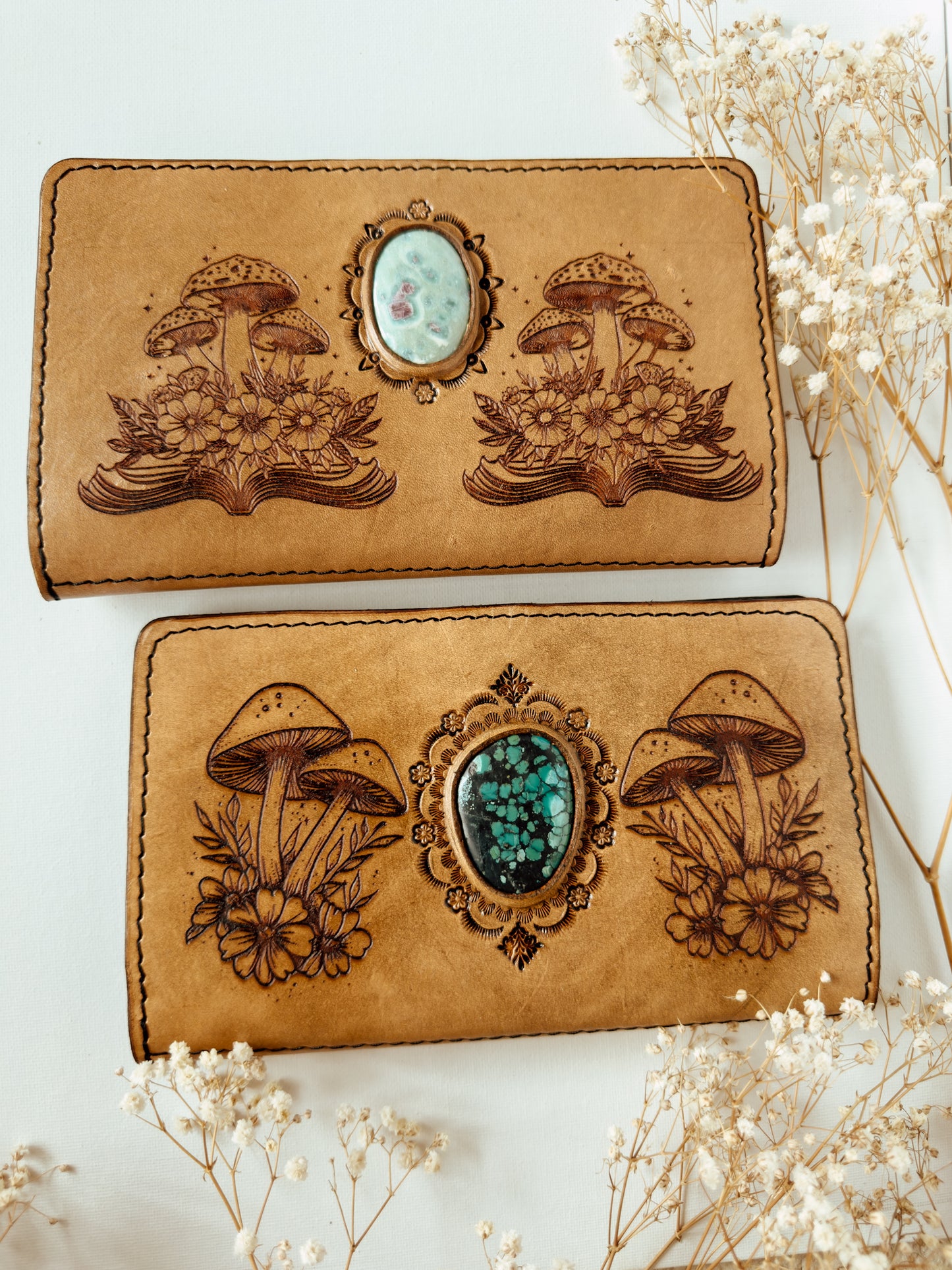 Floral mushroom book leather wallet with Turquoise
