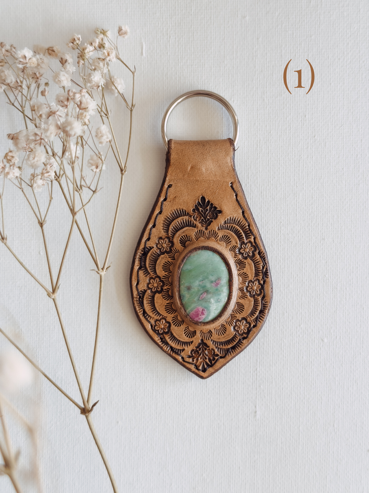 Leather Keychain with Gemstone inlay