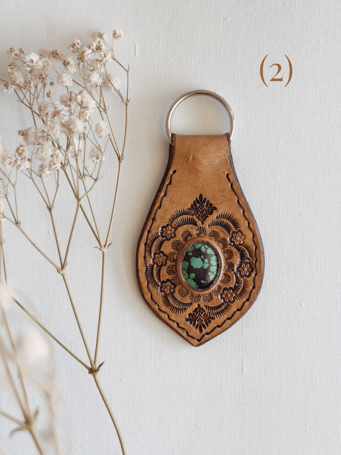 Leather Keychain with Gemstone inlay