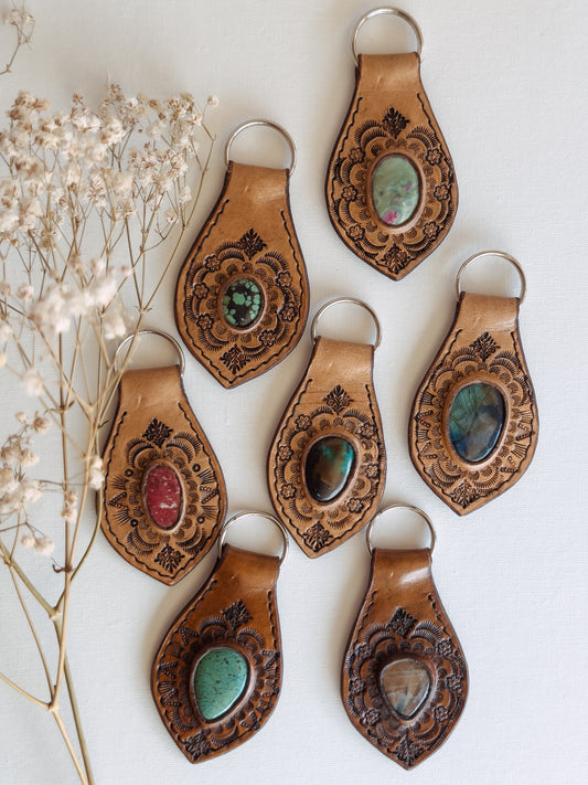 Leather Keychain with Gemstone inlay
