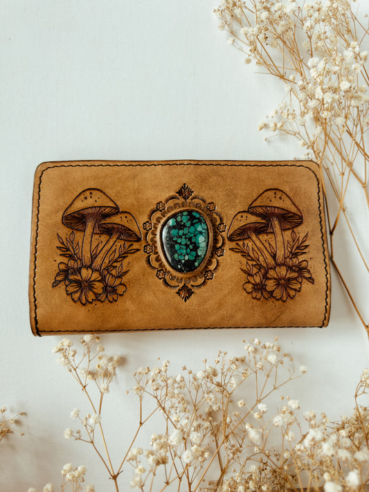 Floral mushroom leather wallet with Turquoise