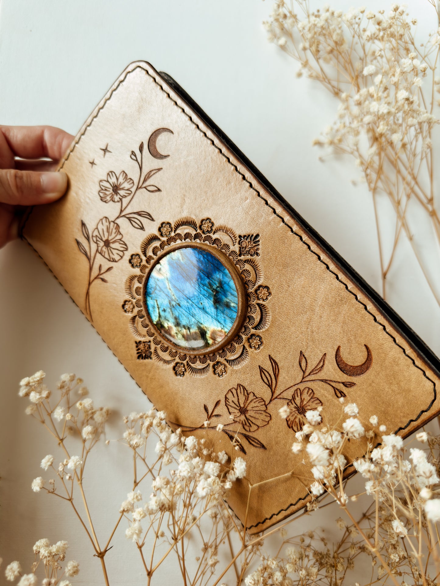 Moon Flower leather wallet with Labradorite