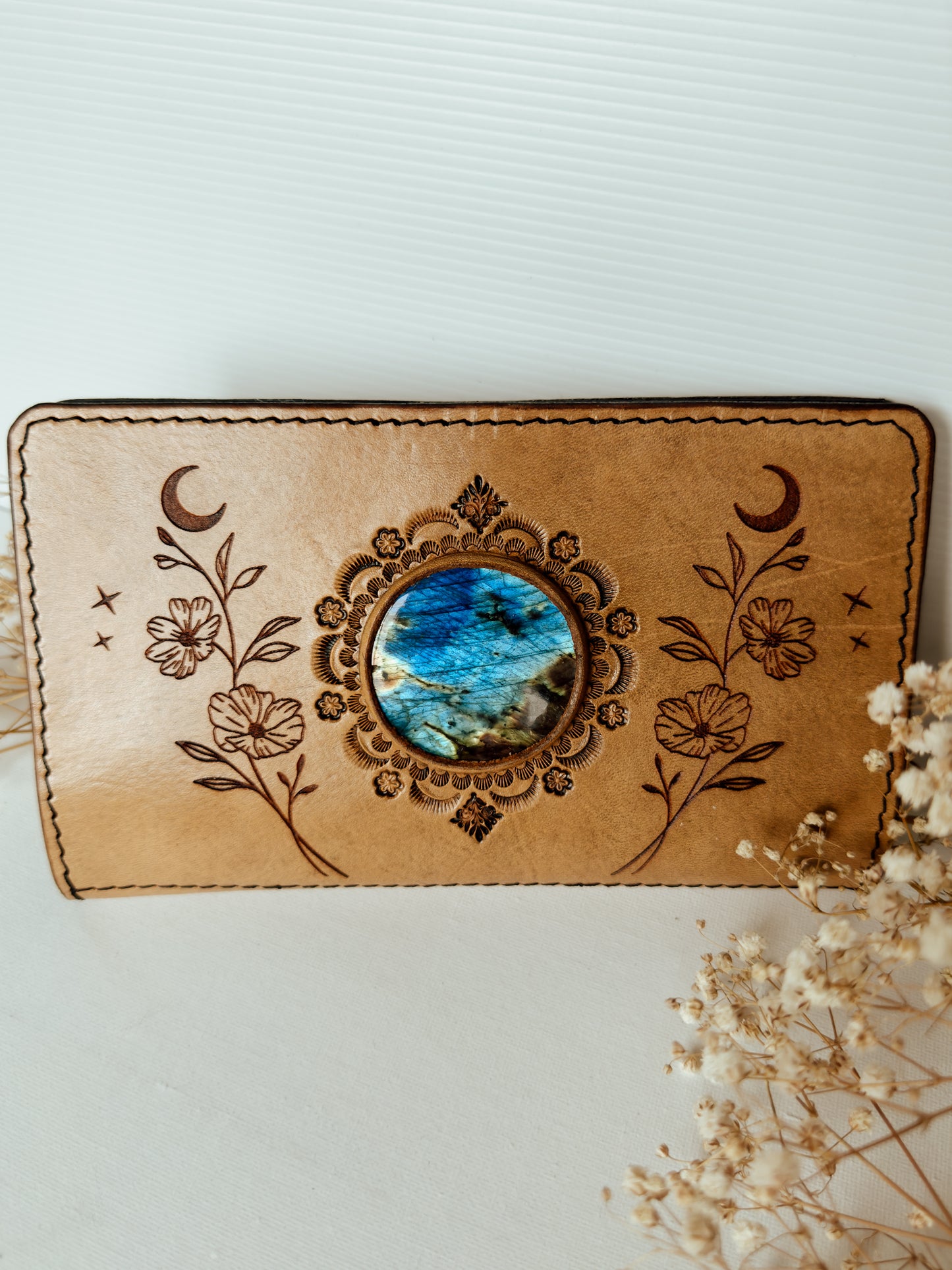 Moon Flower leather wallet with Labradorite