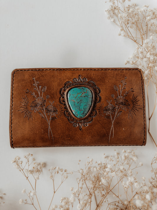 Wildflower leather wallet with Turquoise