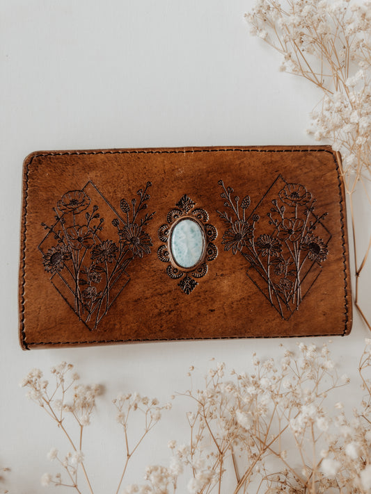 Wildflower leather wallet with Larimar