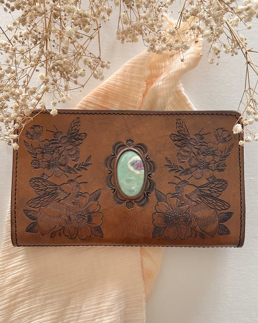 Floral Bee +  Ruby in Fushite Leather Wallet