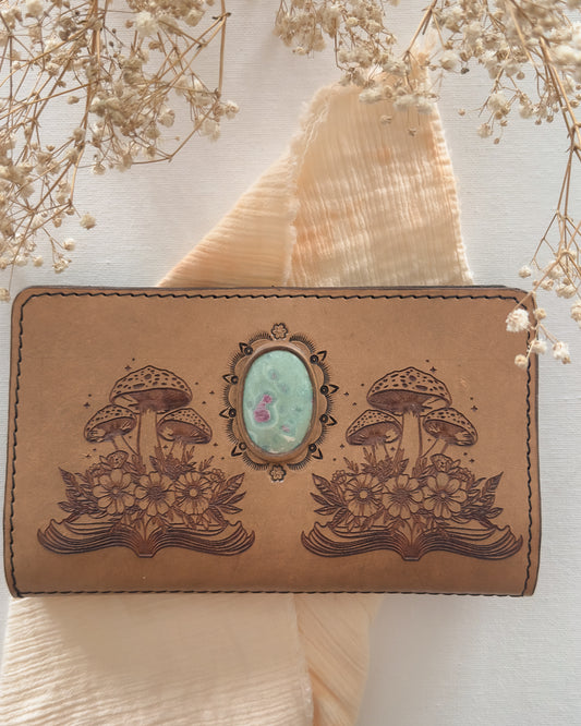 Floral mushroom book leather wallet with Turquoise