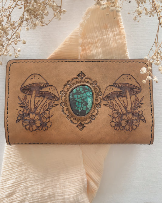 Floral mushroom leather wallet with Turquoise