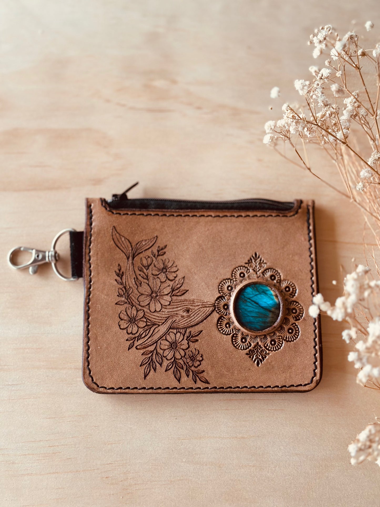 LIMITED EDITION : Crystal Coin & Card Wallet - Labradorite in Light Tan