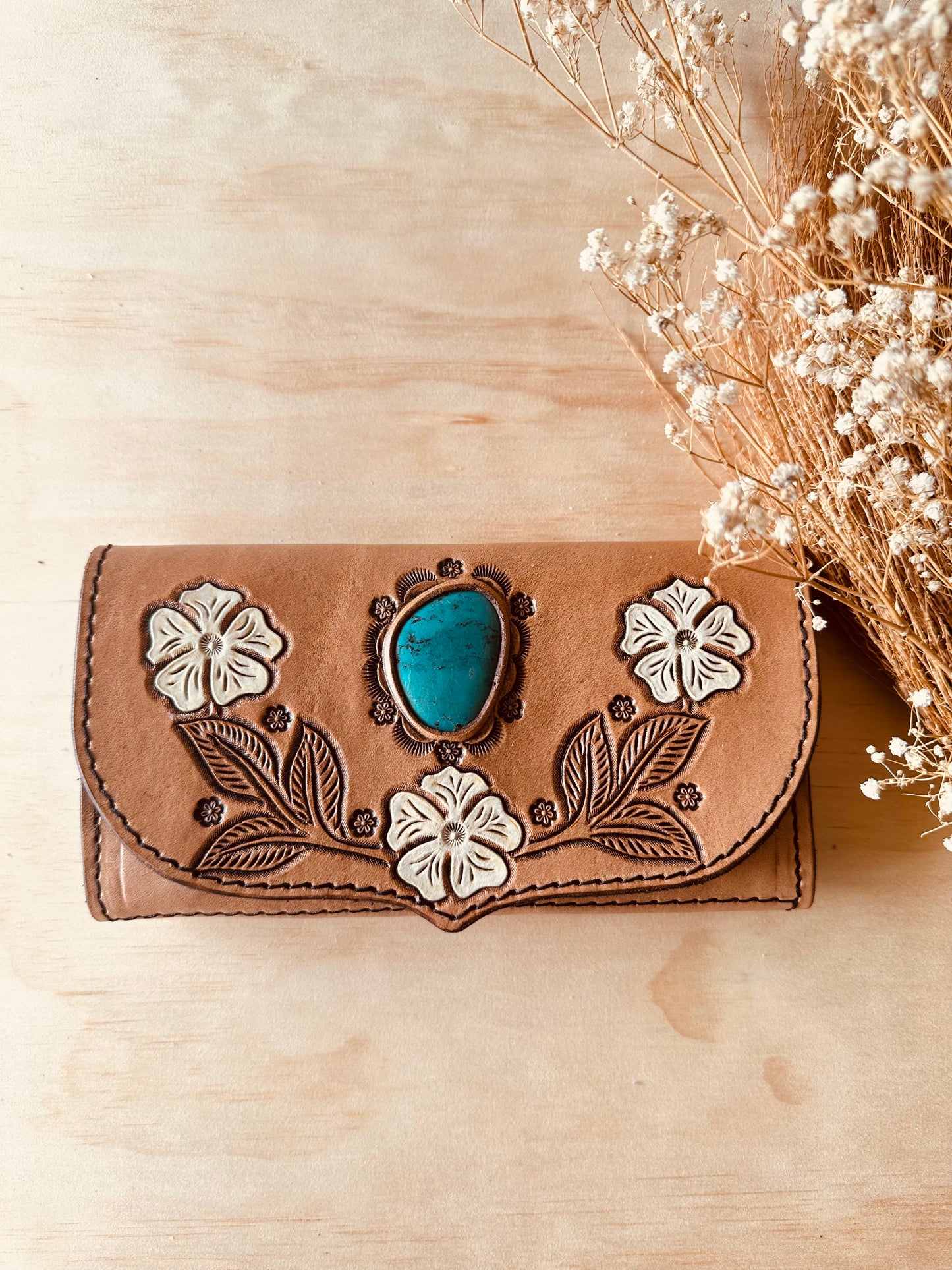 Desert Flower Leather Wallet with Turquoise - LIGHT TAN