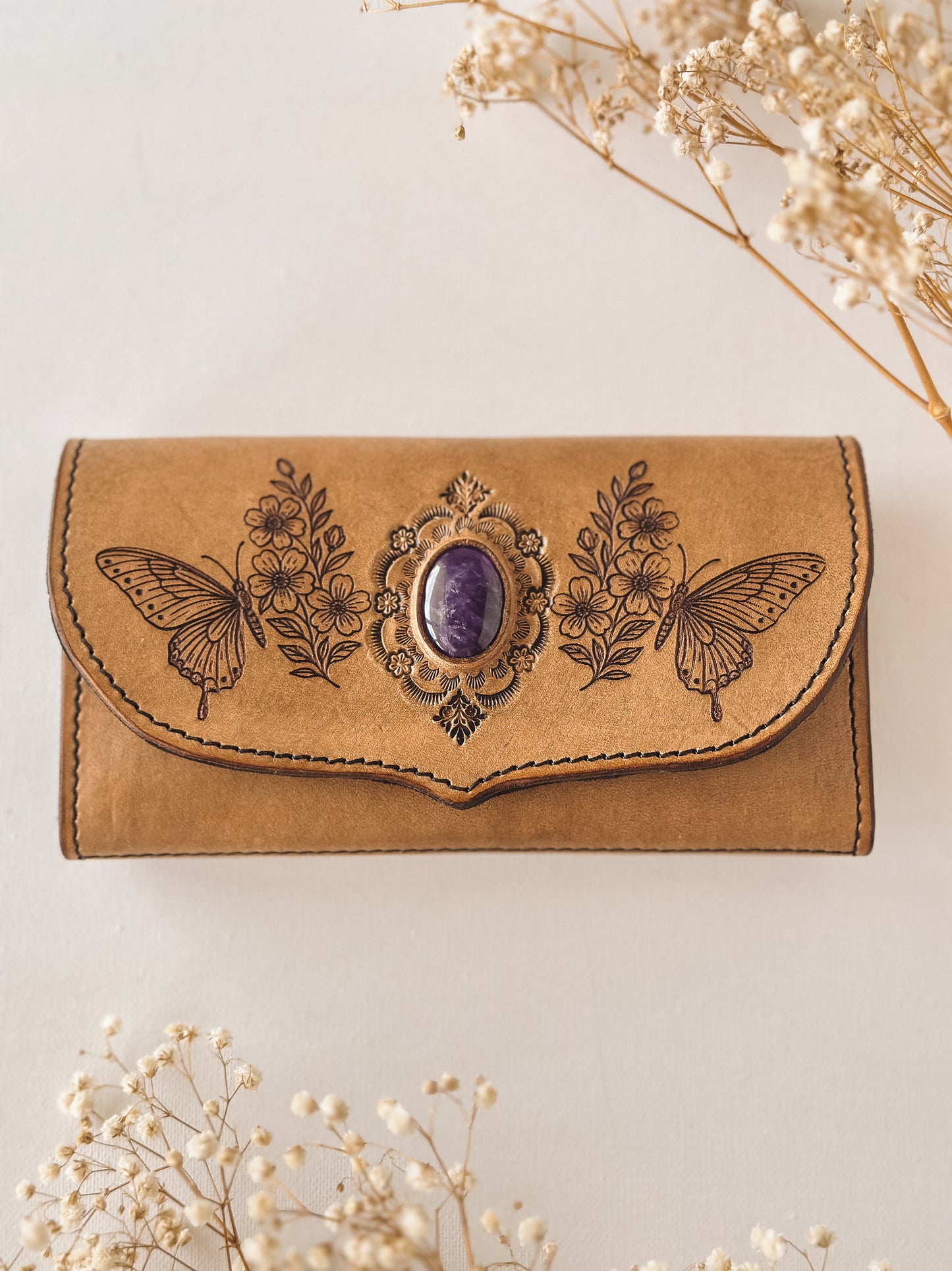 Amethyst Butterfly Leather Wallet – Light Tan