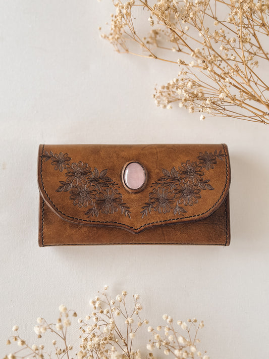 Rose Quartz Daisy Leather Wallet – Brown