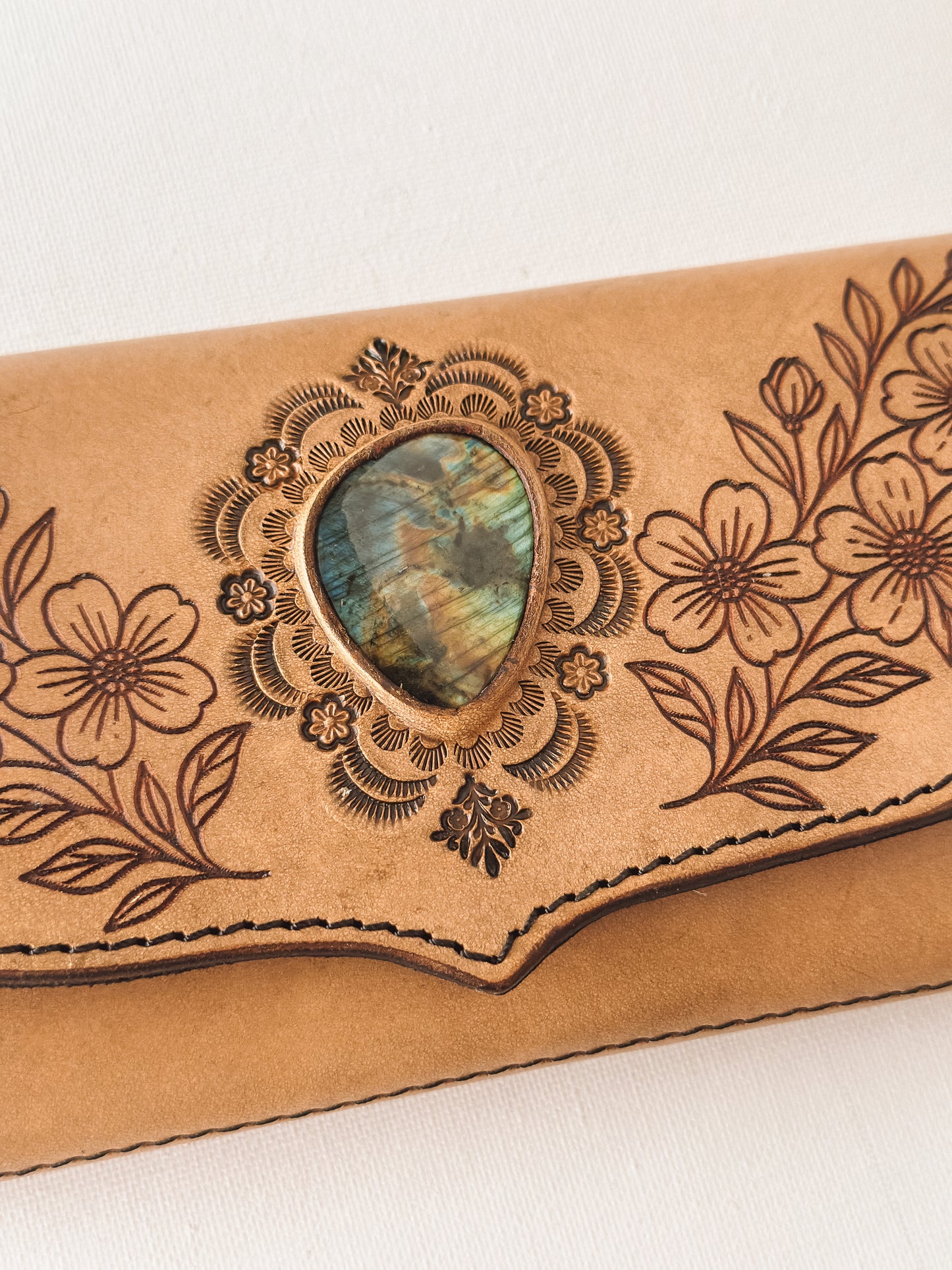 Labradorite Floral Leather Wallet – Light Tan
