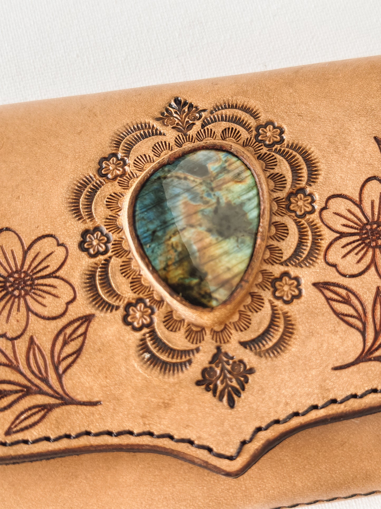 Labradorite Floral Leather Wallet – Light Tan