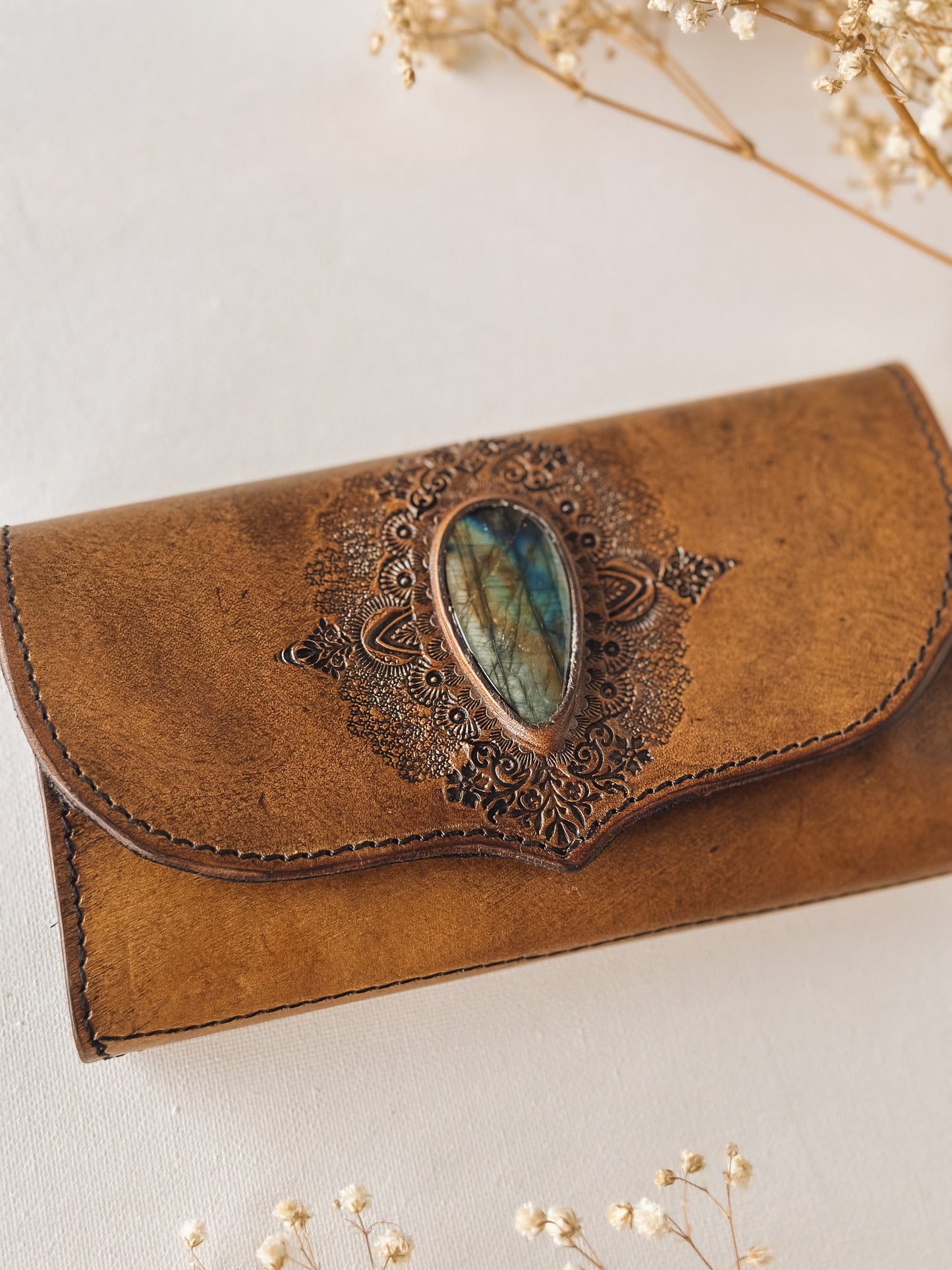 Labradorite Mandala Leather Wallet – Brown