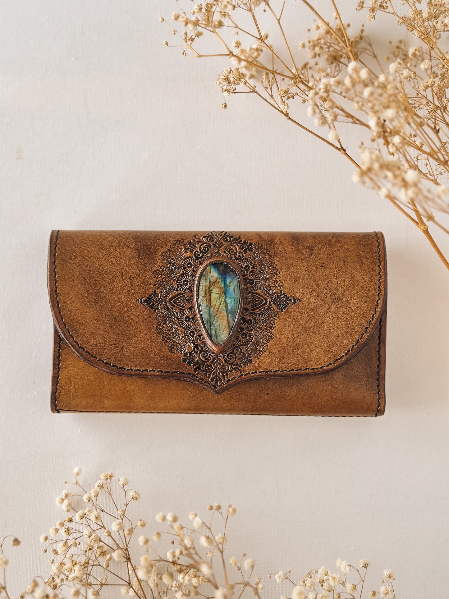 Labradorite Mandala Leather Wallet – Brown