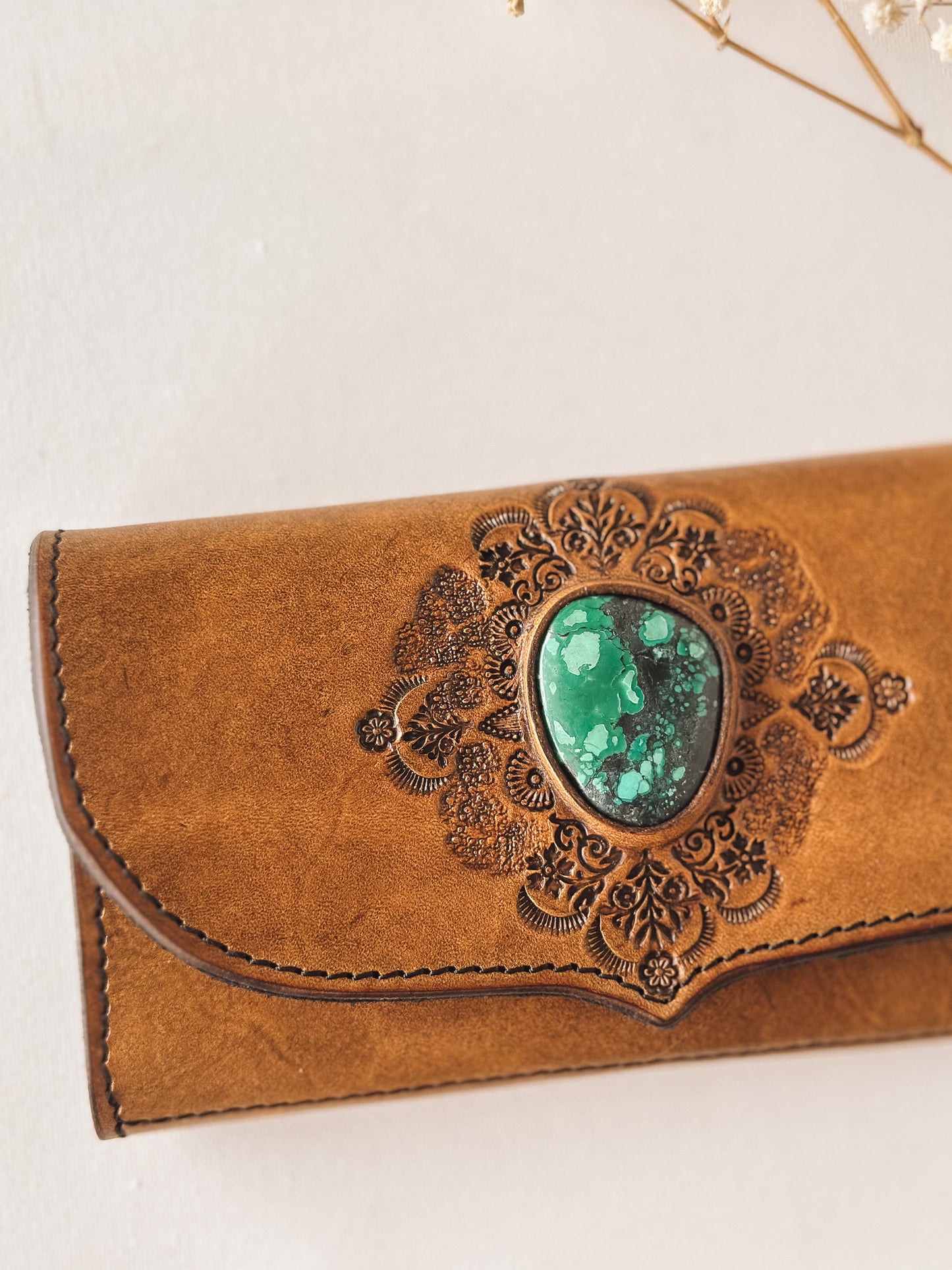 Turquoise Mandala Leather Wallet – Medium Tan