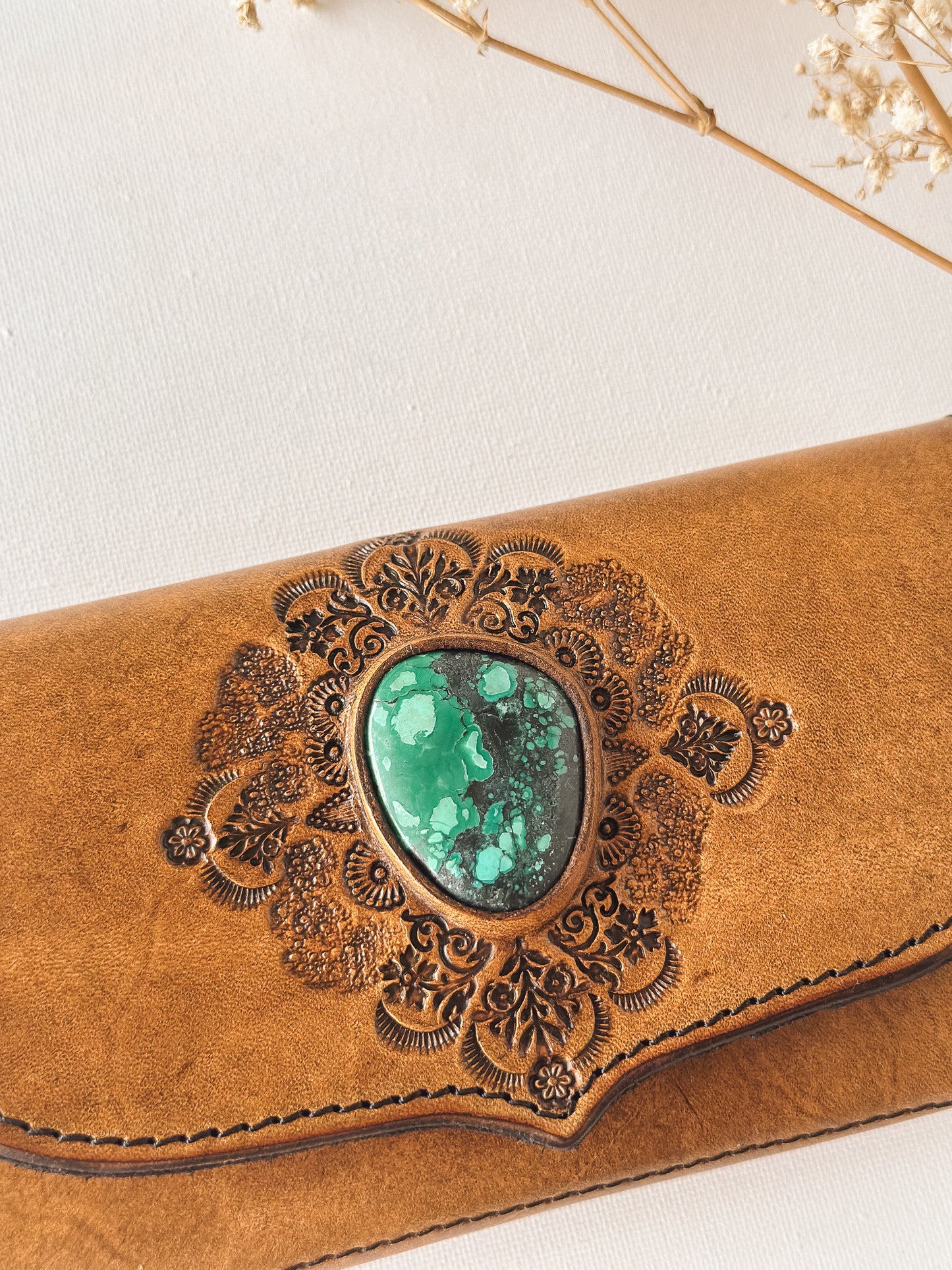 Turquoise Mandala Leather Wallet – Medium Tan