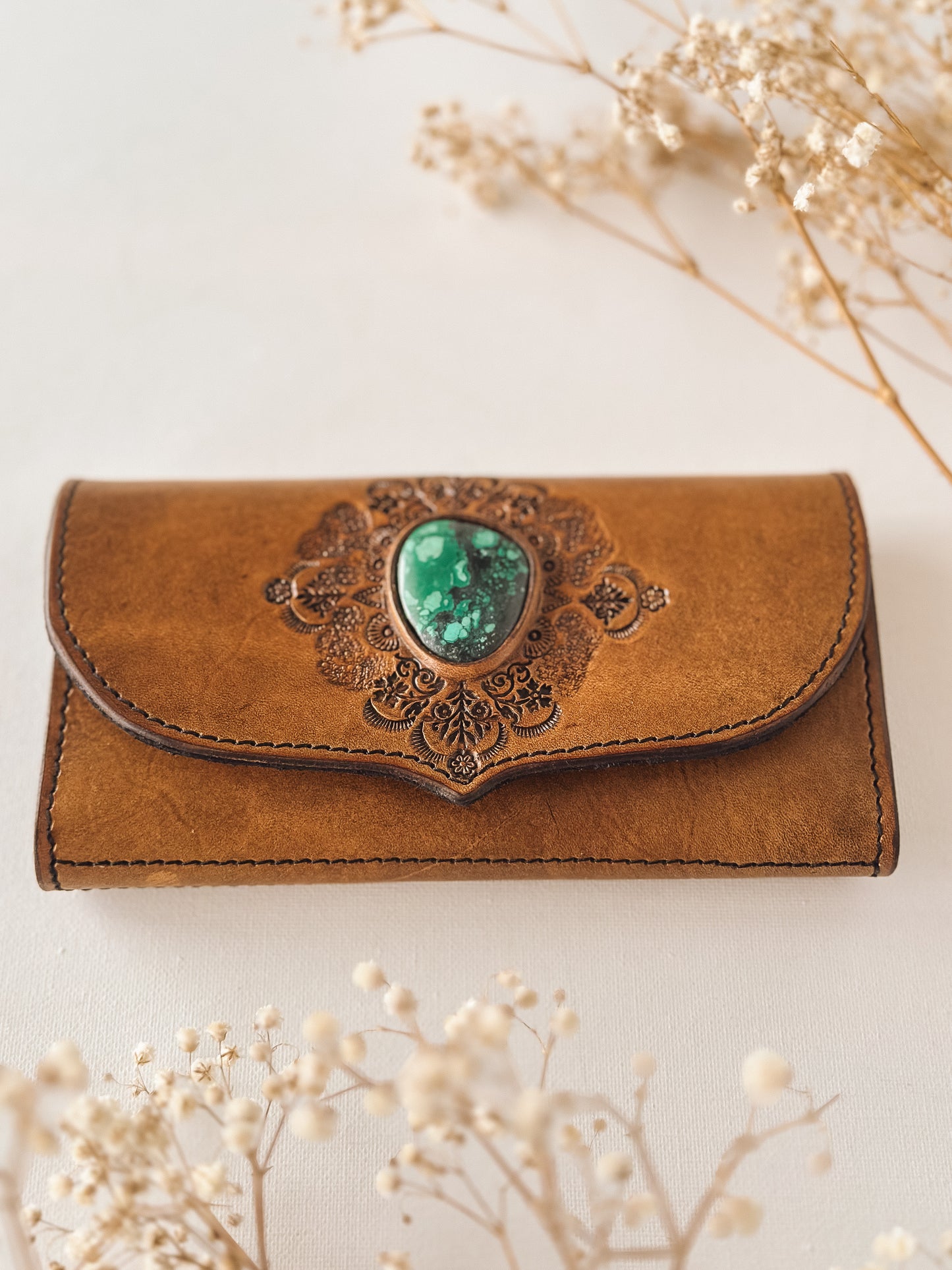 Turquoise Mandala Leather Wallet – Medium Tan