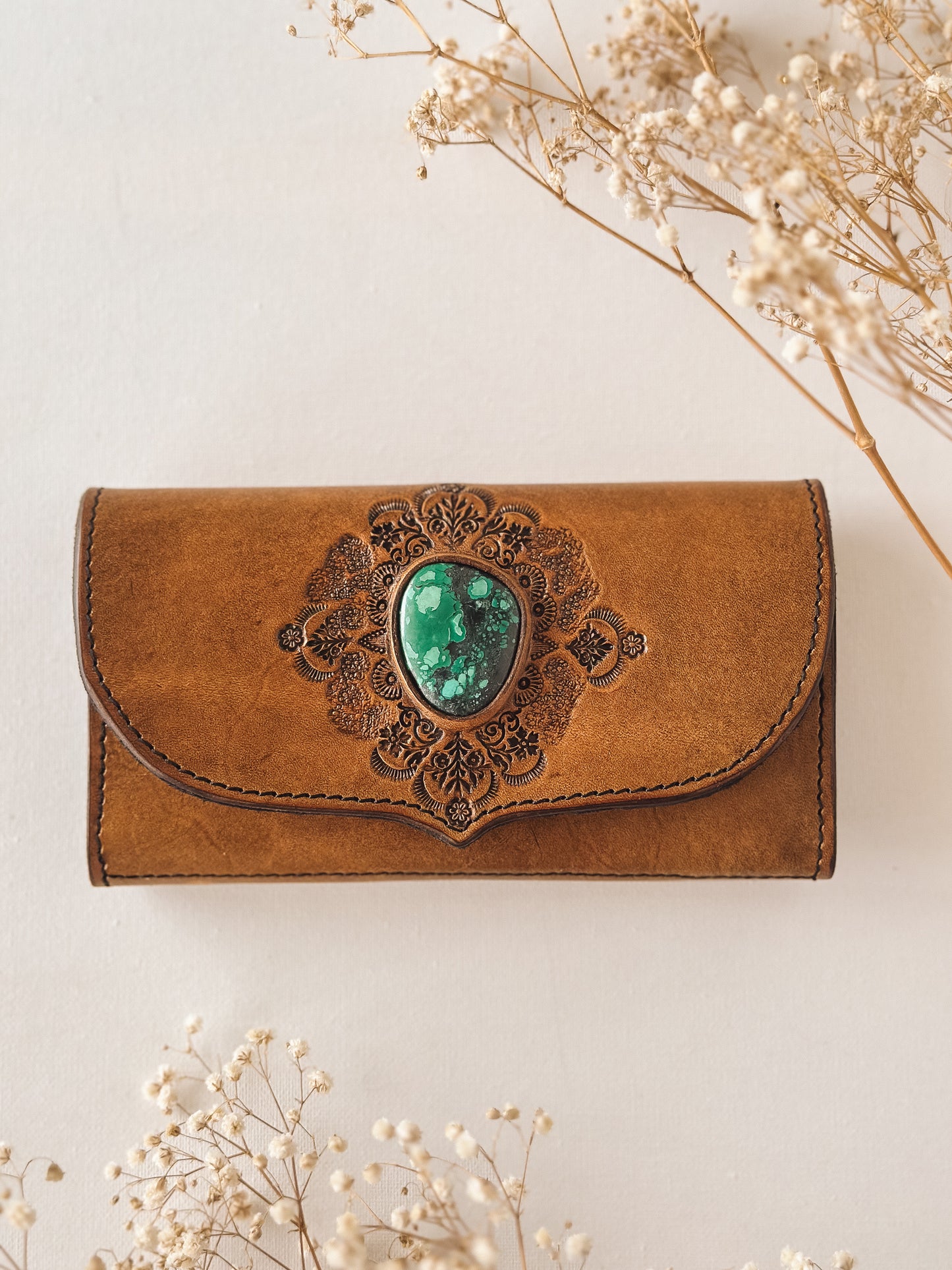 Turquoise Mandala Leather Wallet – Medium Tan