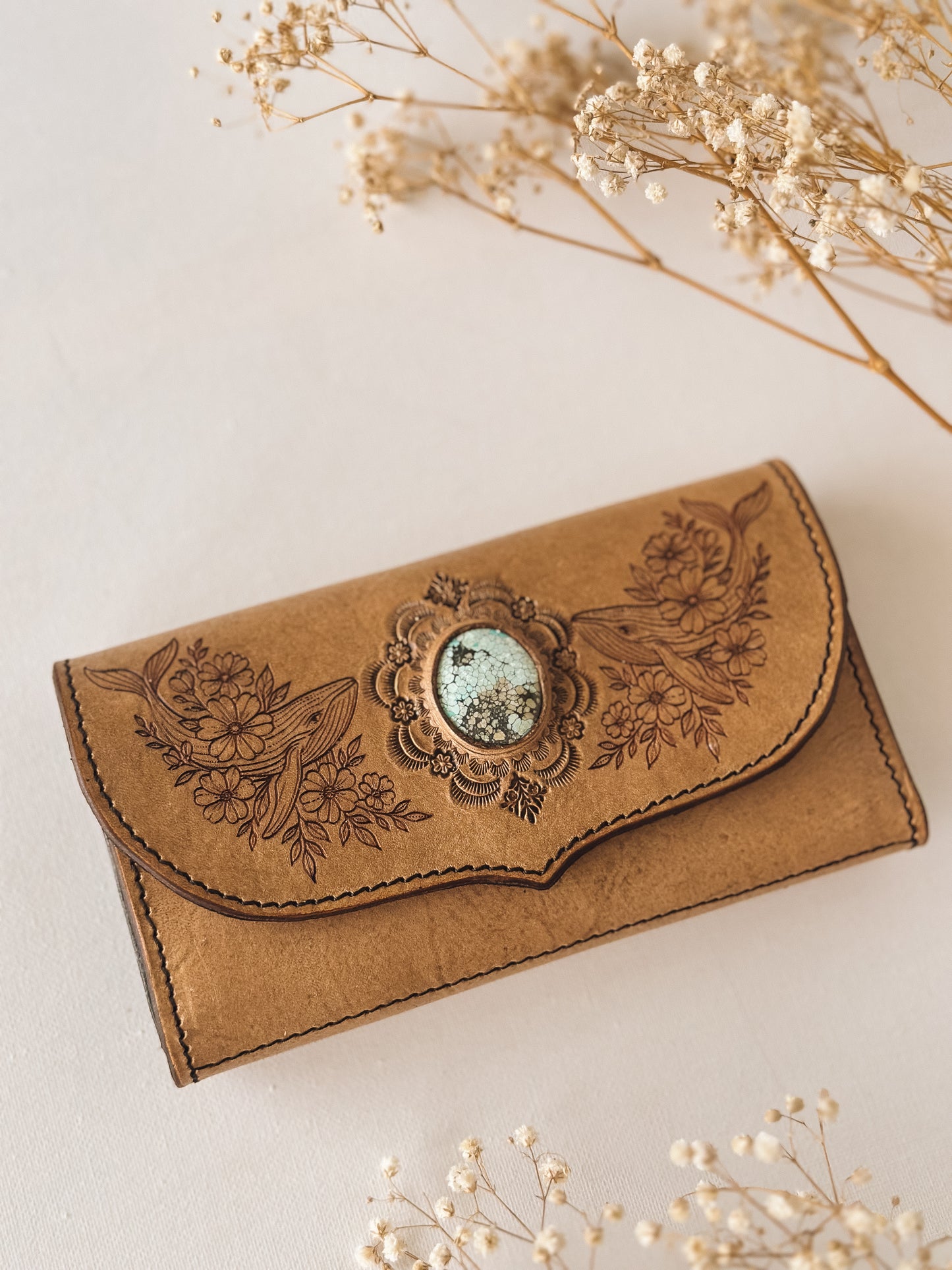 Turquoise Whale Leather Wallet – Light Tan